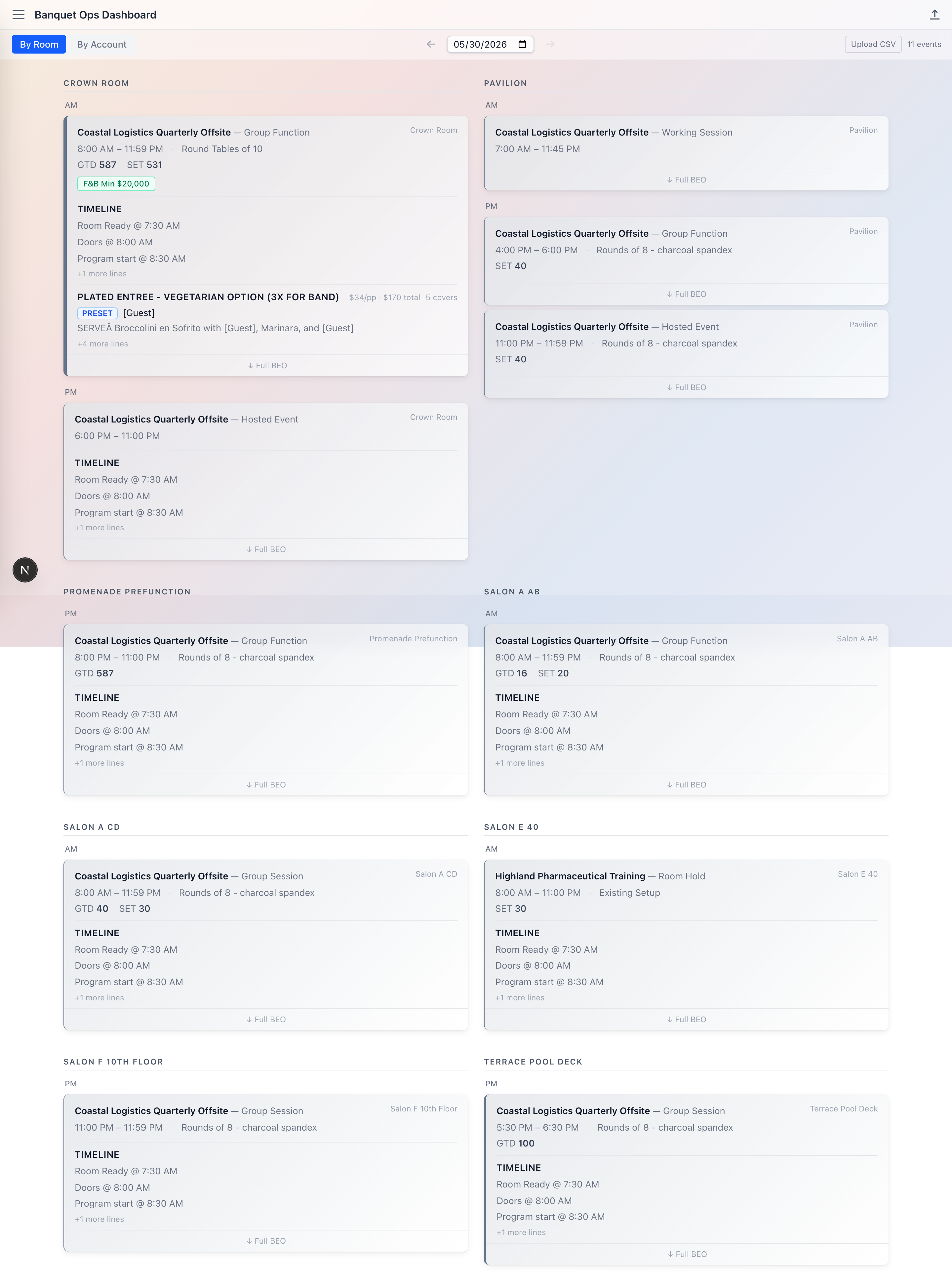 Daily events view grouped by room, with event cards showing guarantee counts, setups, and timeline previews